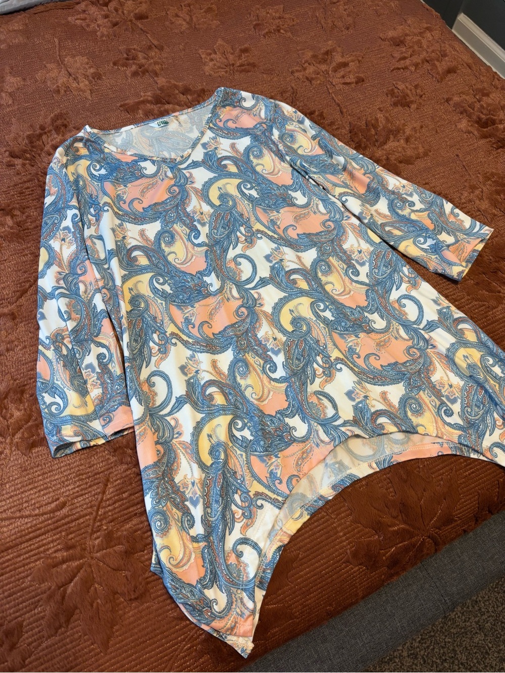 Kaktus Pastel Paisley Scoop Neck Top in Blue, Peach & Cream